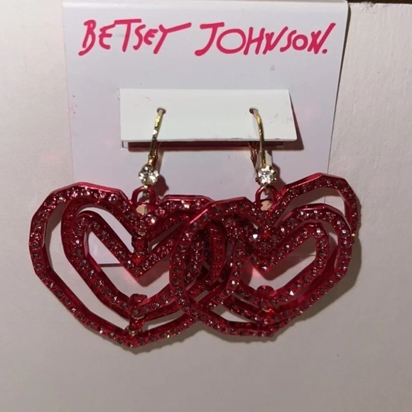 BETSEY JOHNSON Valentine Look Into Your Heart Pavé Dangle Bling Earrings NEW NWT - Picture 1 of 3